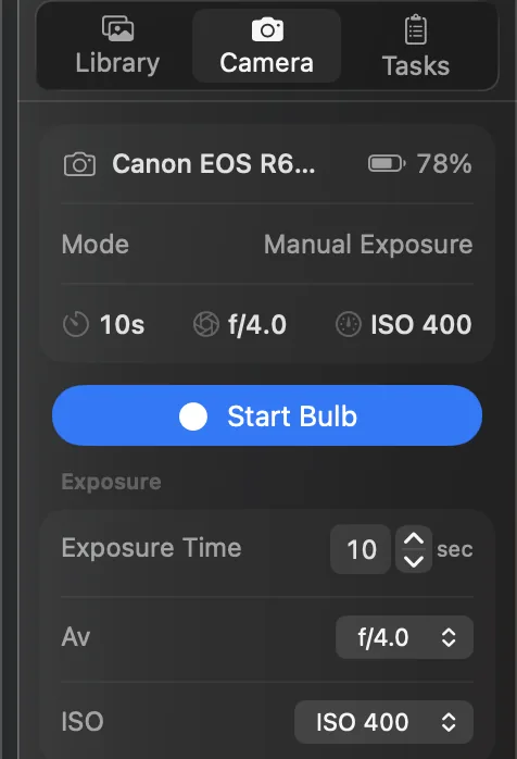 The Camera tab in Bulb mode, with an Exposure Time field in seconds and a Start Bulb button.