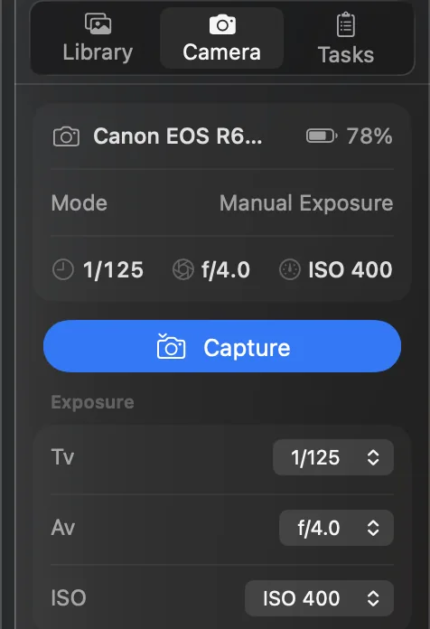 The Camera tab with a Canon EOS R6 Mark II connected: battery at 78%, Manual Exposure mode, a Capture button, and shutter speed, aperture and ISO.