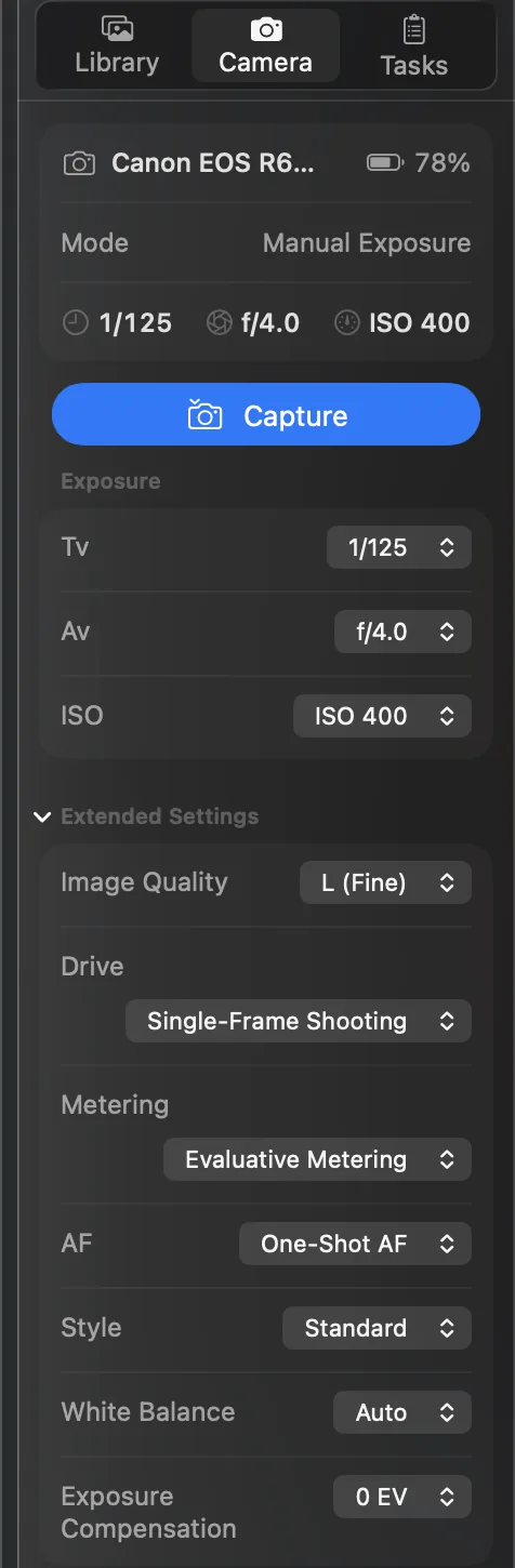 The Camera tab: the camera's name, battery and shooting mode, the Capture button, the Exposure card with Tv, Av and ISO, and Extended Settings such as Image Quality, Drive, Metering, AF, Style, White Balance and Exposure Compensation.