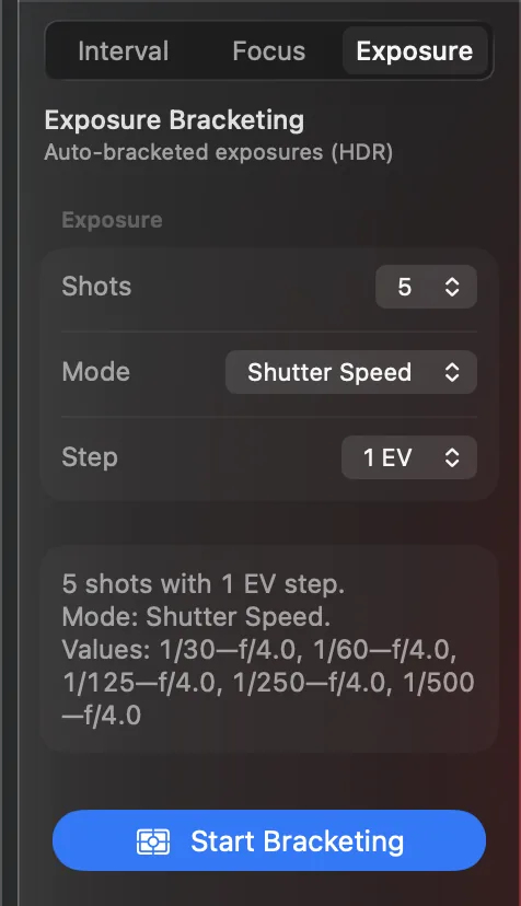 The Exposure tab with Shots set to 5, the bracketing mode and step, and a summary listing the five exposure values that will be used.