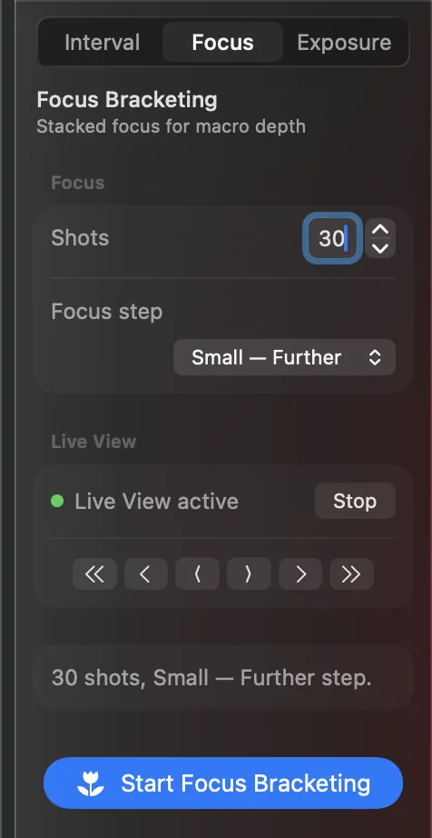 The Focus tab with Live View active, the six focus buttons, 30 shots and a Small — Further step, and the Start Focus Bracketing button.