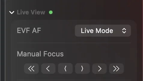 The Live View card on the Camera tab with the EVF AF setting and a row of six focus buttons under Manual Focus: three pointing left and three pointing right.
