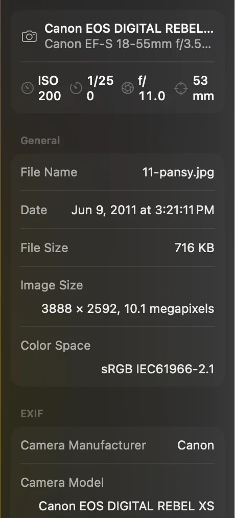 The Inspector panel showing the camera, lens, general file information and EXIF details of a photo.