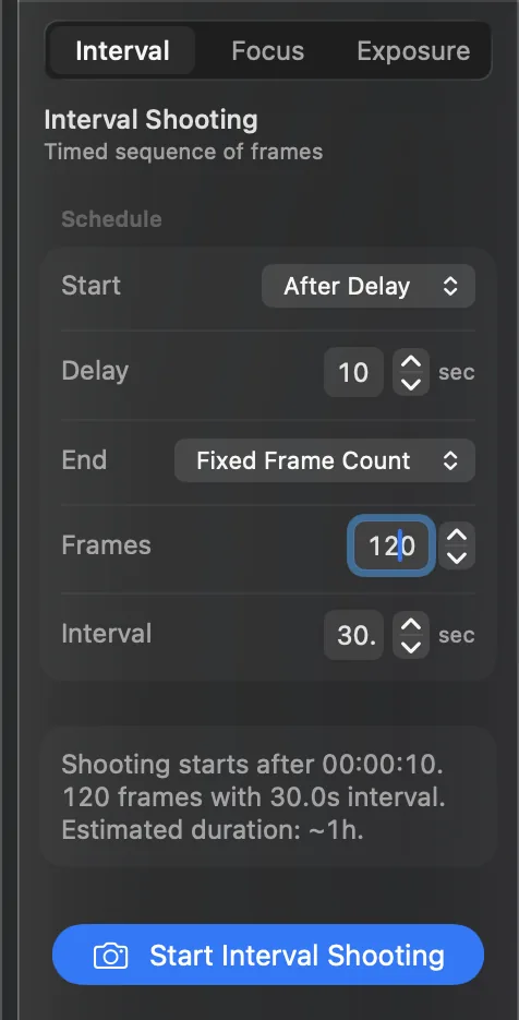 The Interval tab set to start after a 10-second delay and take 120 shots 30 seconds apart, with a summary of the schedule and the estimated duration.