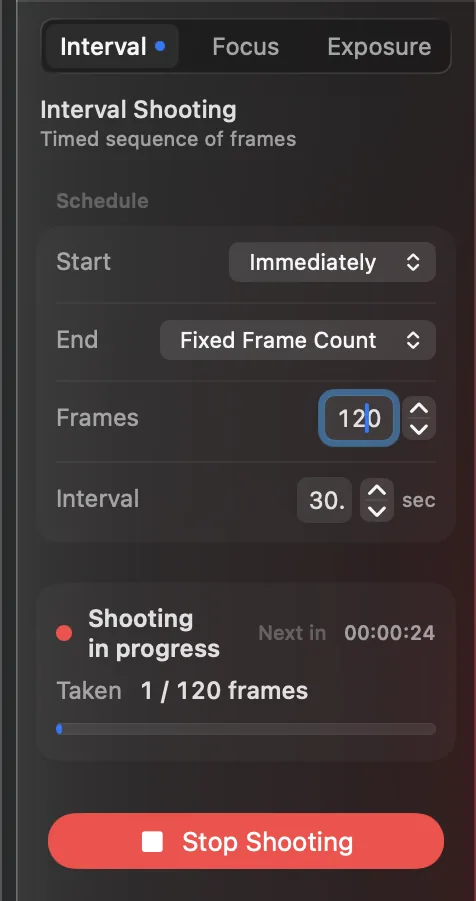 Interval Shooting in progress: the number of shots taken, a countdown to the next shot, a progress bar and a Stop Shooting button.