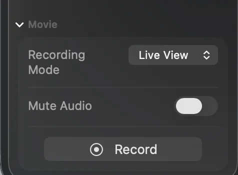 The Movie card on the Camera tab with Recording Mode set to Live View, a Mute Audio switch and a Record button.