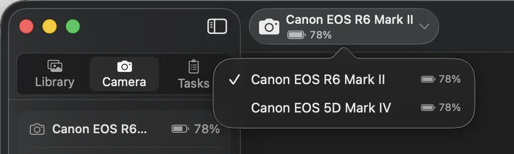 The camera list open under the toolbar button, with a Canon EOS R6 Mark II selected and a Canon EOS 5D Mark IV below it, each with its battery level.