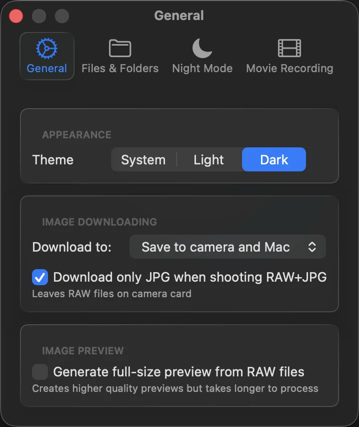 The General tab of Settings with Download to set to Save to camera and Mac and the option to download only JPG files switched on.