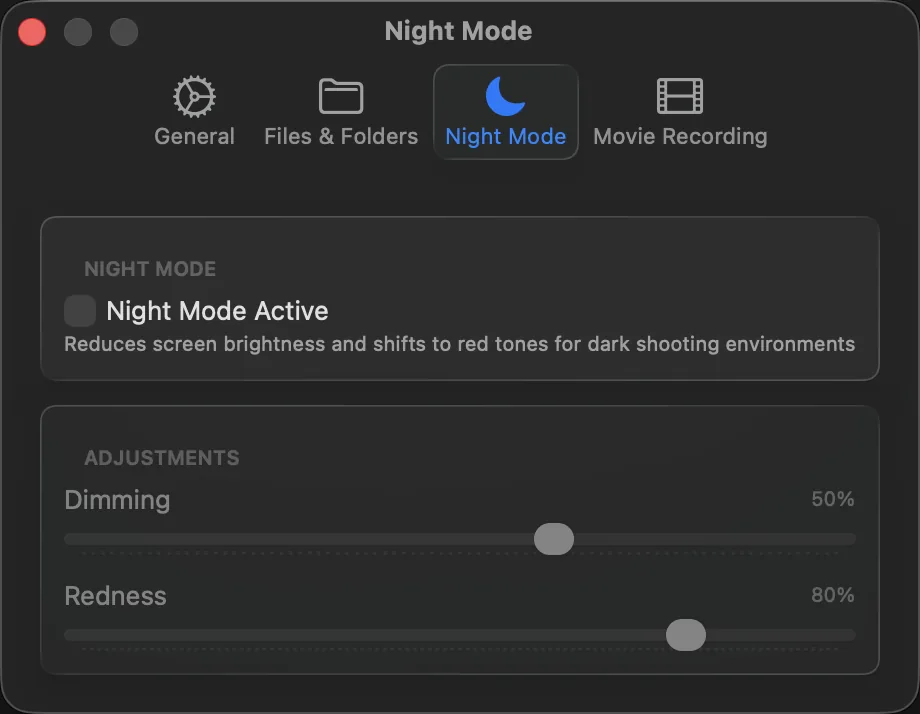 The Night Mode tab in Settings with the Night Mode Active switch and the Dimming and Redness sliders.