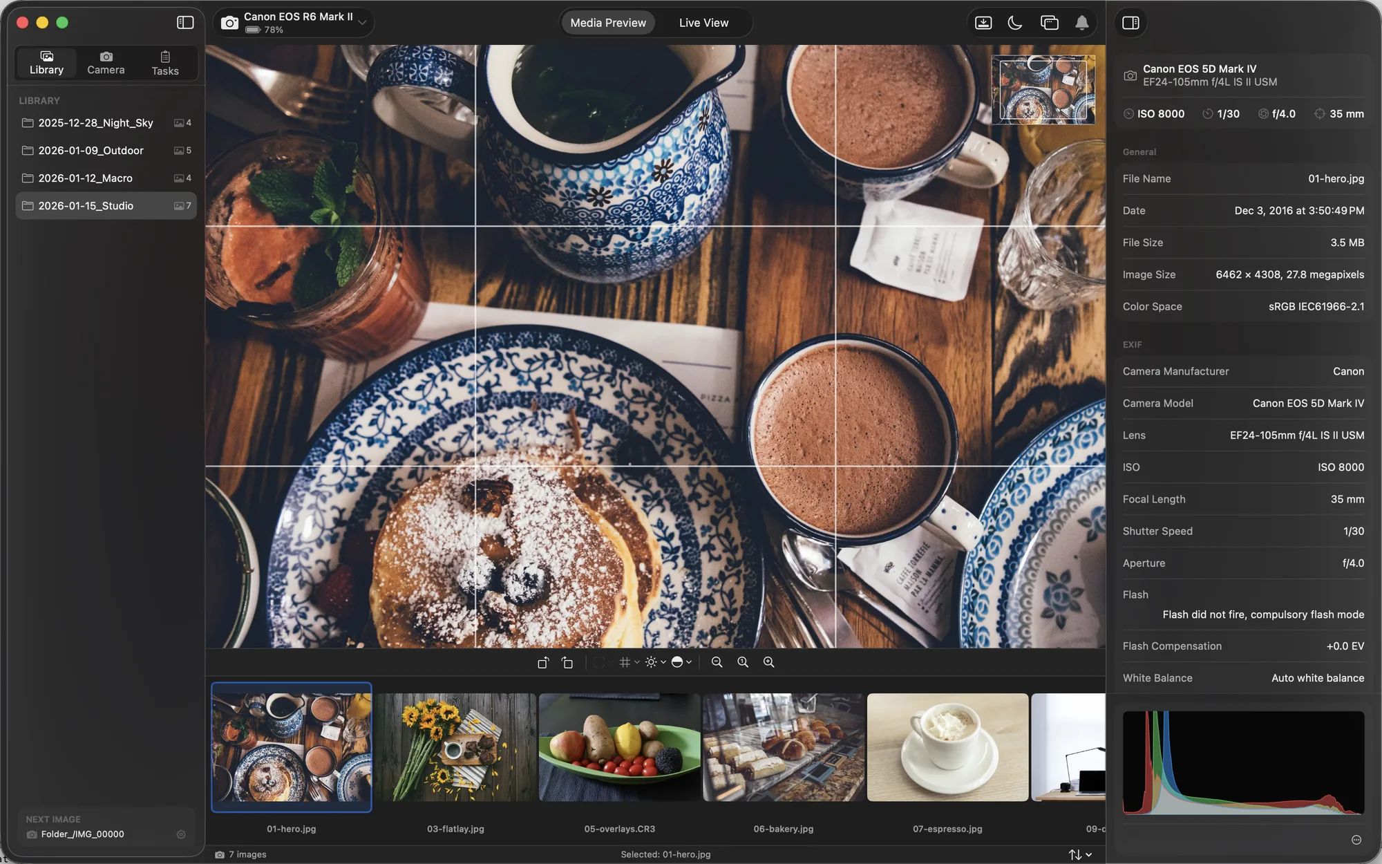 DSLR Assistant showing a just-captured shot with histogram and EXIF panel