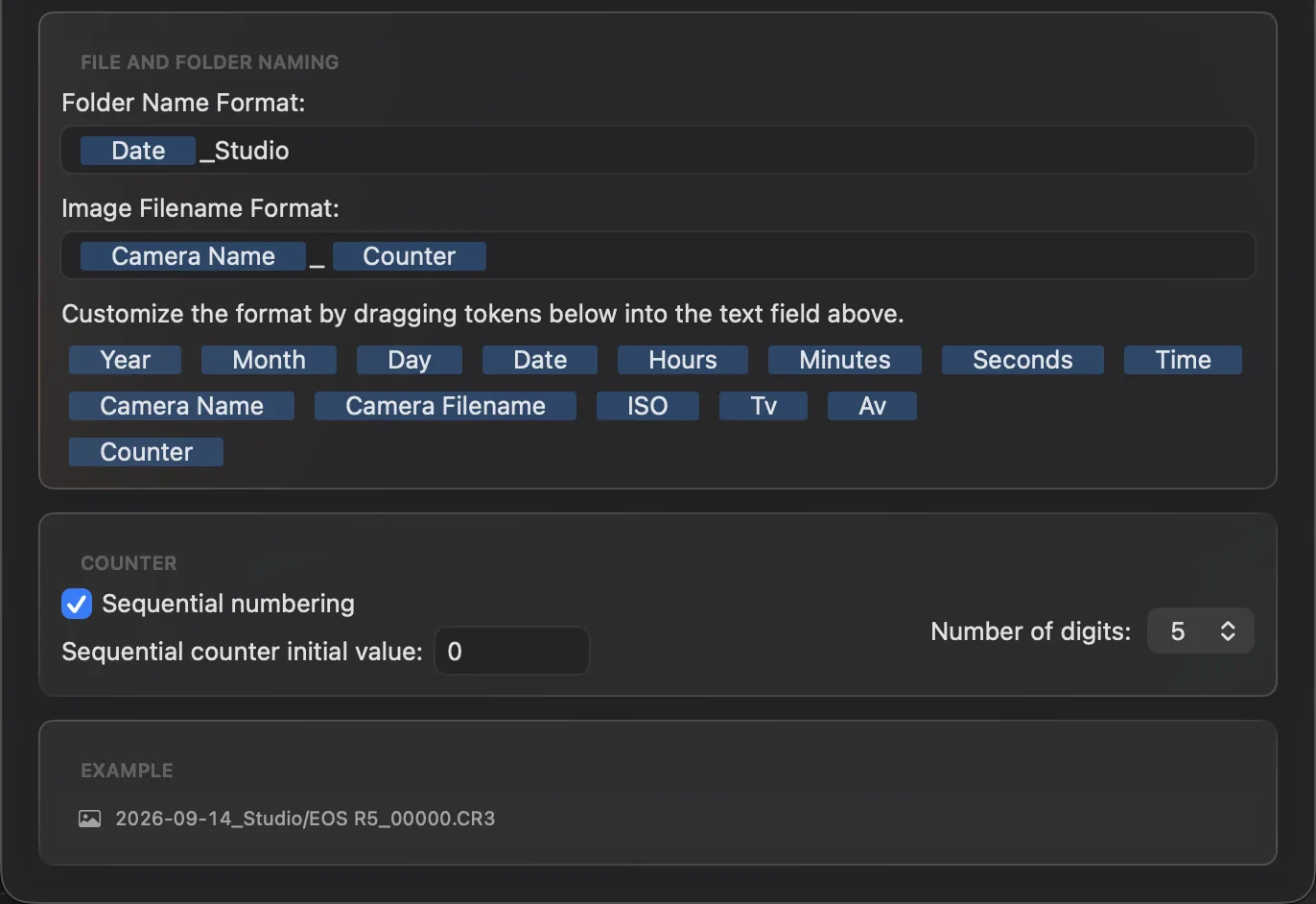The Files &amp; Folders tab of Settings with a folder format of Date followed by _Studio, a file name format of Camera Name, an underscore and Counter, and a palette of tokens below.